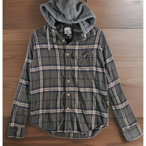 American Eagle Men's XS Plaid Flannel Shirt Removable Green Hood Super Soft